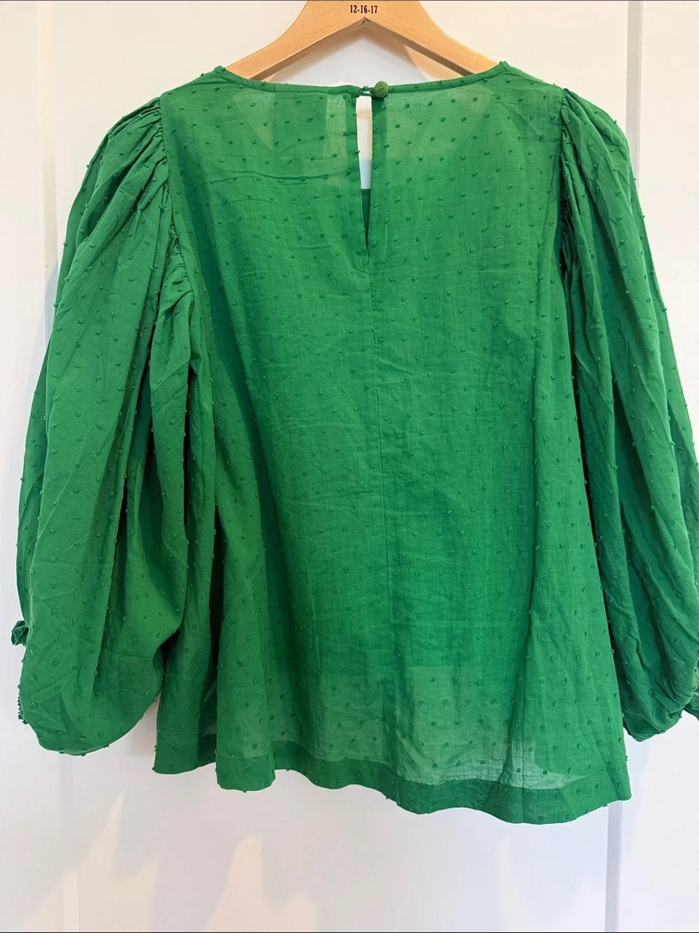 FARM Rio Emerald Green Puff-Sleeve Swiss Dot Blouse